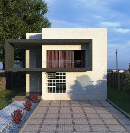 Contemporary minimalist house featuring a large driveway and serene garden setting.